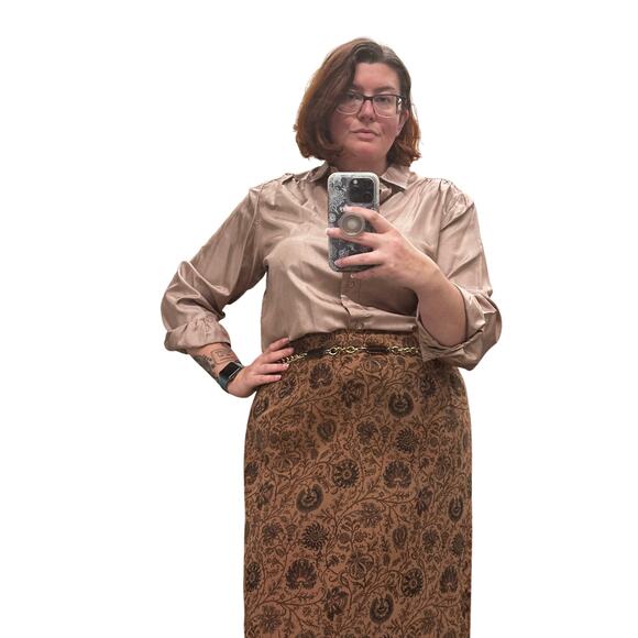 80s Vintage Plus Size Burnished Gold Tan MZZZ Stuart Lang Blouse Size 42 XL/1X - Picture 2 of 7